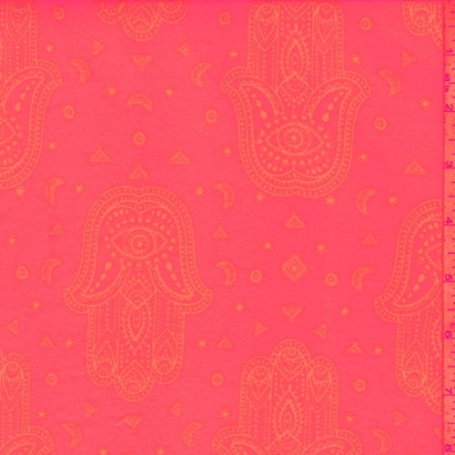 1 YD PC-Day Glo Pink Henna Print Double Brushed Jersey Knit Fabric