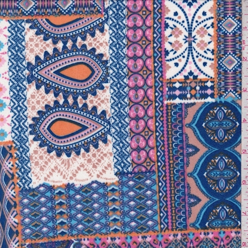 3 YD PC-Blue/Pink/Orange Moroccan Patchwork Double Brushed Jersey Knit Fabric