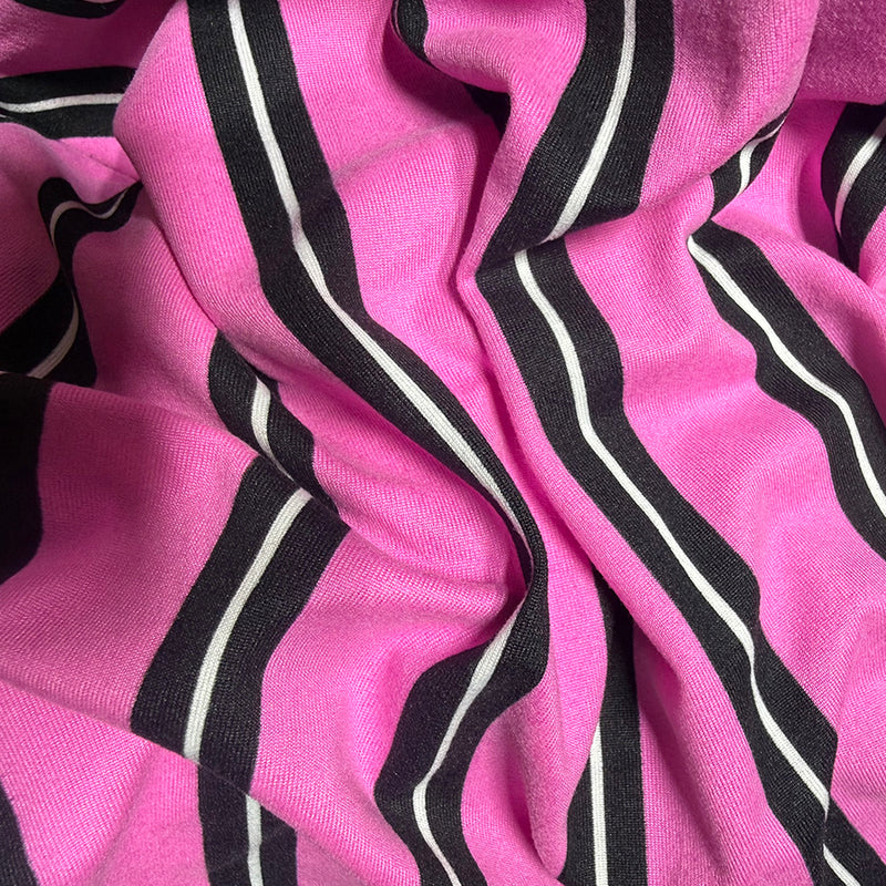 1 1/4 YD PC-Hot Pink/Black Stripe Double Brushed Jersey Knit Fabric