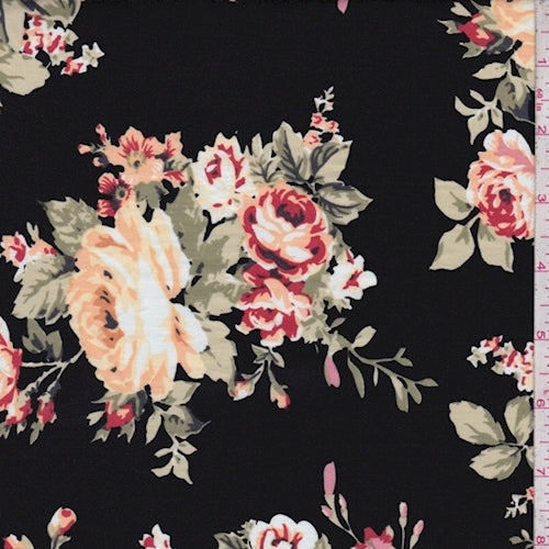 Black/Apricot Rose Bouquet Poplin Fabric