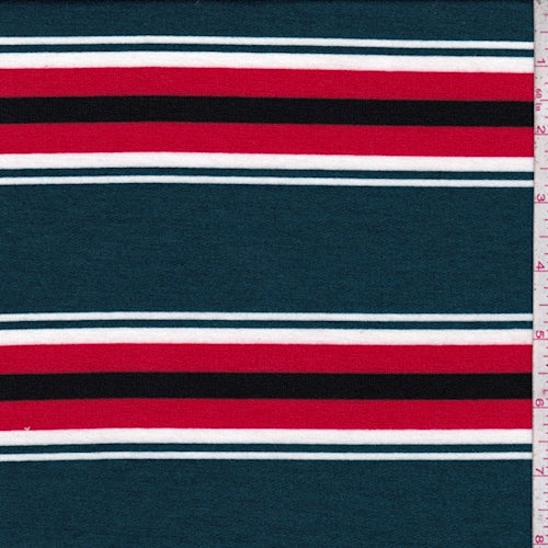 Spruce/Red Stripe Brushed French Terry Knit Fabric