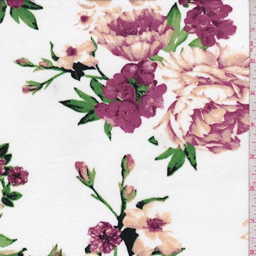 2 YD PC-White/Mulberry Dogwood Double Brushed Jersey Knit Fabric