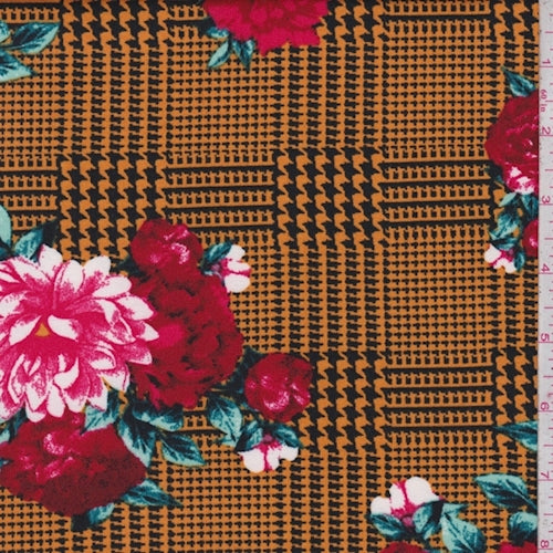 Orange/Black Glen Plaid Floral Double Brushed Jersey Knit Fabric