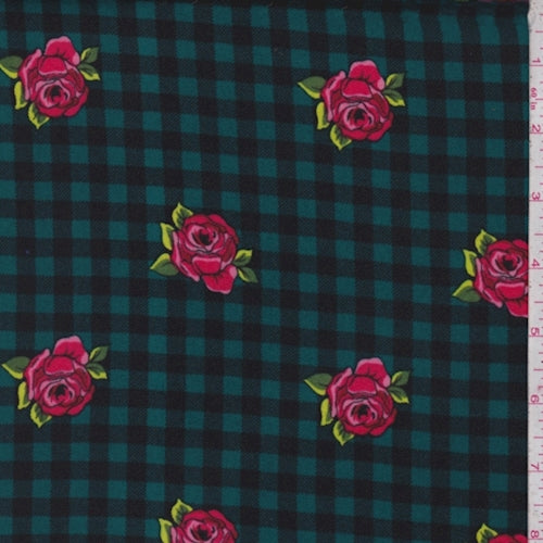 4 YD PC-Teal/Black/Pink Floral Check Double Brushed Jersey Knit Fabric