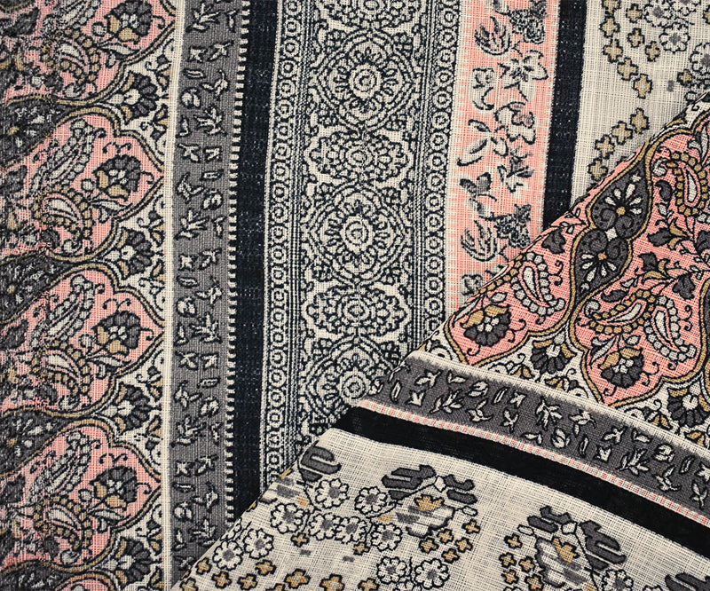Peach-Gray-Multi Nylon Paisley Floral Stripe Printed Sheer Woven Fabric