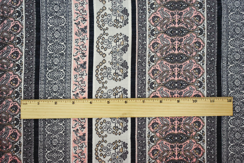 Peach-Gray-Multi Nylon Paisley Floral Stripe Printed Sheer Woven Fabric