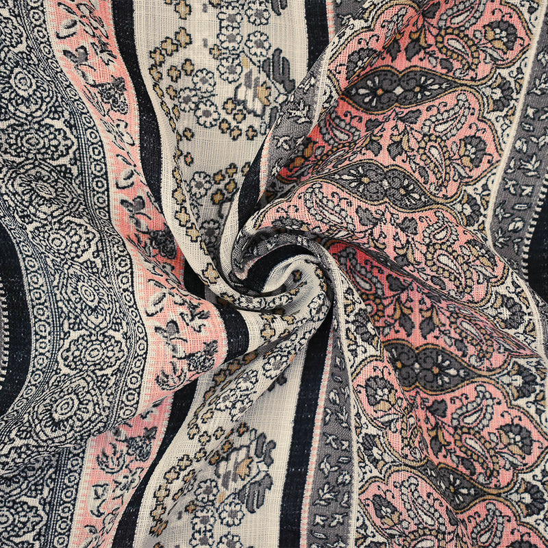 Peach-Gray-Multi Nylon Paisley Floral Stripe Printed Sheer Woven Fabric