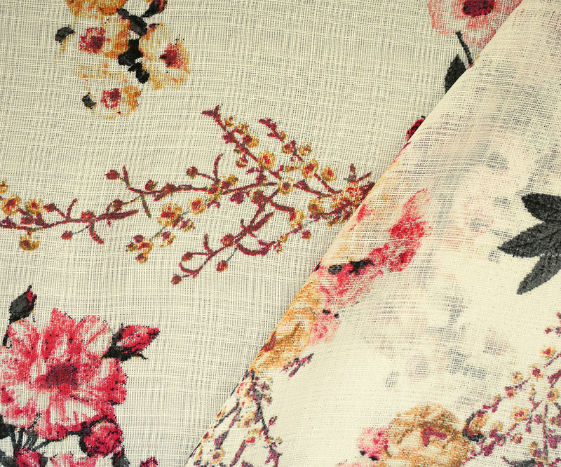Coral Pink-Light Ivory-Multi Nylon Floral Printed Sheer Woven Fabric