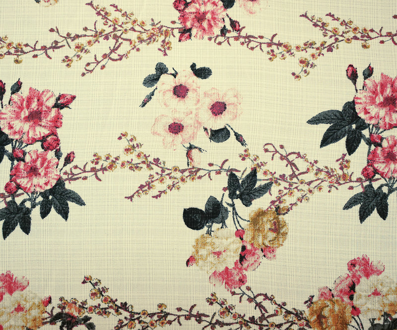 Coral Pink-Light Ivory-Multi Nylon Floral Printed Sheer Woven Fabric