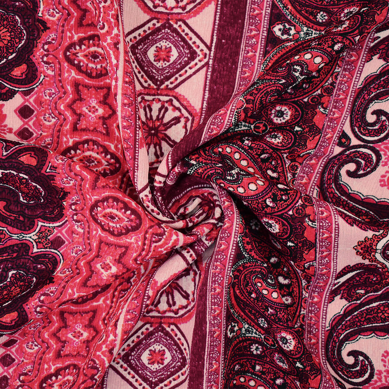 Red-Pink-Multi Poly Paisley Baroque Printed Crepe Georgette Woven Fabric