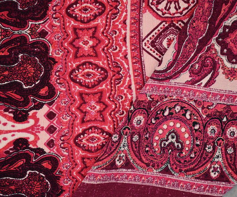 Red-Pink-Multi Poly Paisley Baroque Printed Crepe Georgette Woven Fabric