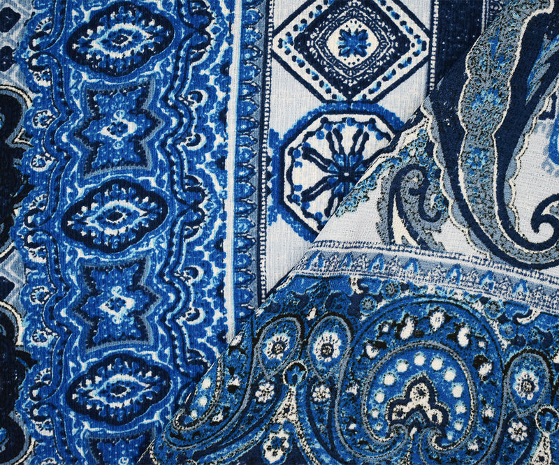 Blue-White-Multi Poly Paisley Baroque Printed Crepe Georgette Woven Fabric