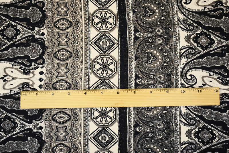 3 3/4 YD PC-Black-Gray-Multi Poly Paisley Baroque Printed Crepe Georgette Woven Fabric