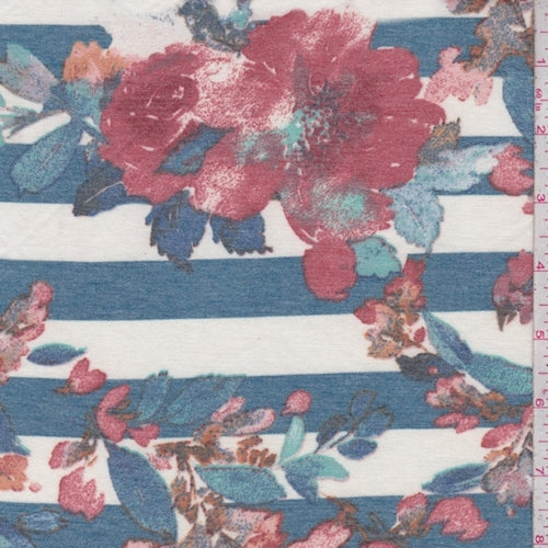 3 YD PC-Blue/White/Brick Floral Stripe Baby French Terry Knit Fabric