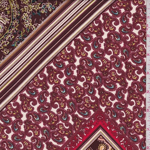 Maroon/White Stylized Tile Satin Charmeuse Fabric