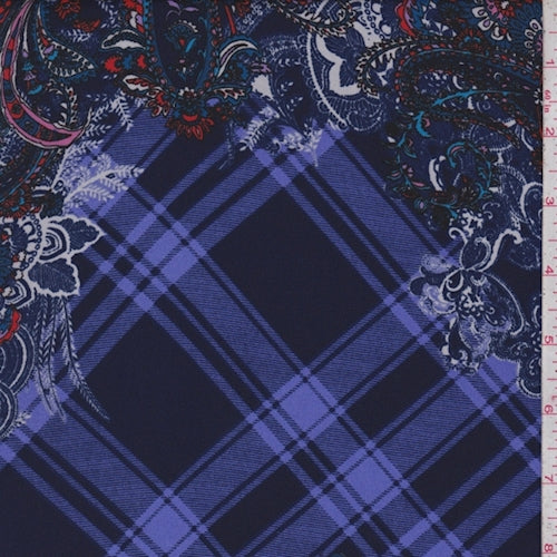 2 1/2 YD PC-Periwinkle/Navy Paisley Plaid Crepe Georgette Fabric