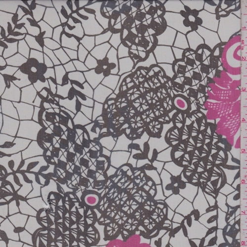 3 1/4 YD PC-Pale Grey/Black Lace Print Silk Chiffon Fabric