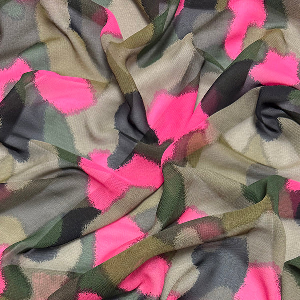 Olive/Taupe/Pink Abstract Camo Chiffon Fabric