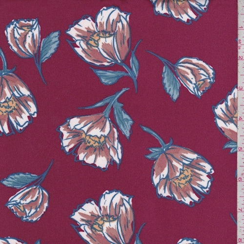 4 YD PC-Cranberry/Copper Fringe Floral Double Brushed Jersey Knit Fabric