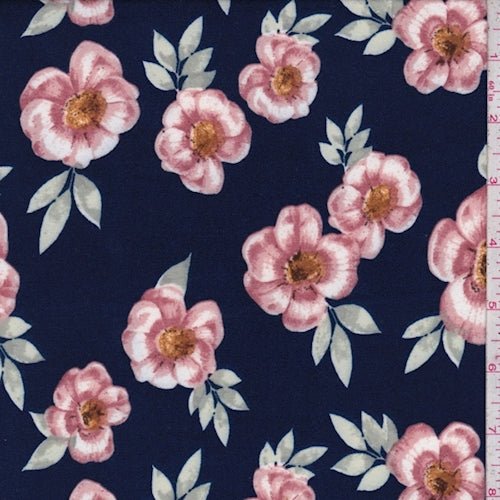 3 YD PC-Deep Blue/Pink Floral Double Brushed Jersey Knit Fabric