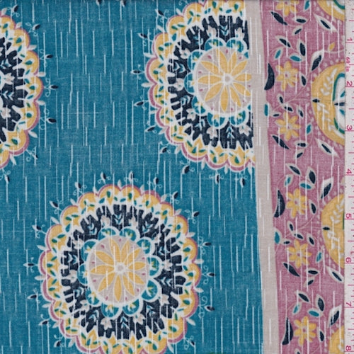 Aqua/Coral/Gold Patchwork Slubbed Challis Fabric