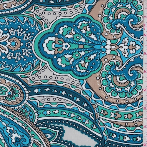 ITY Aqua-Grey Multi Stylized Paisley Jersey Knit Fabric