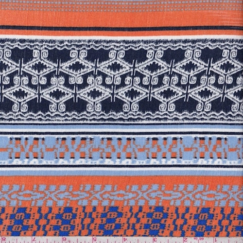 Navy/Periwinkle/Orange Deco Patchwork Rayon Crinkle Fabric