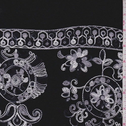 2 YD PC-Black Embroidered Medallion Stretch Velvet Fabric
