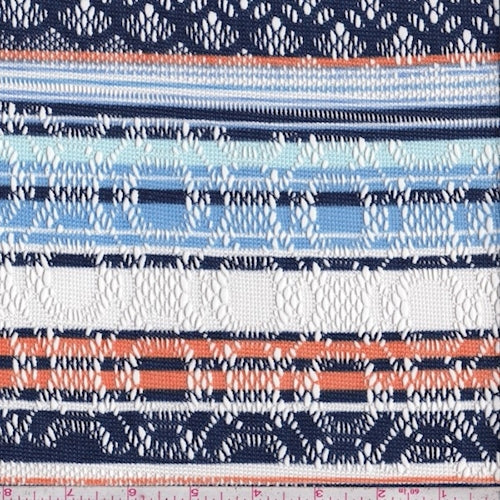 Navy/Orange/Mint Stripe Pointelle Knit Fabric