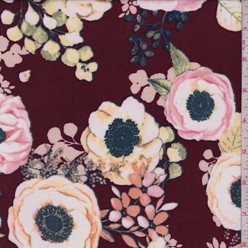 3 YD PC-Maroon Multi Floral Bloom Brushed Jersey Knit Fabric