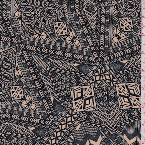 1 1/2 YD PC-ITY Beige/Charcoal Tribal Jersey Knit Fabric