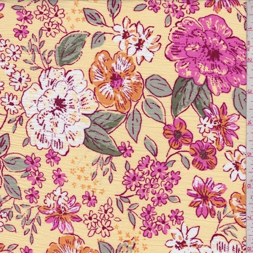 Yellow/Tangerine/Hot Pink Floral Rayon Crinkle Fabric