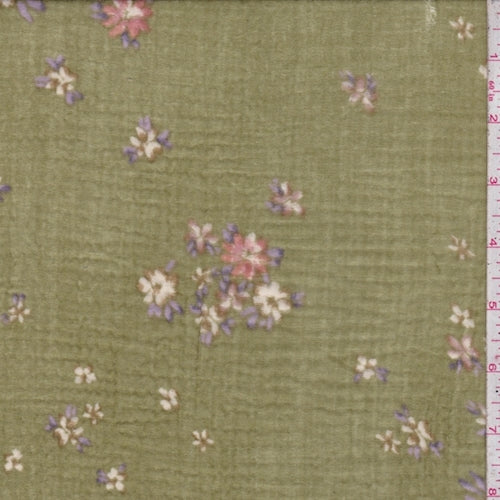 4 1/2 YD PC-Olive Mini Floral Bubble Cotton Gauze Fabric