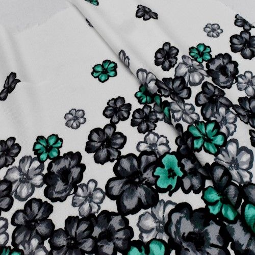 3 YD PC-Ivory/Teal Floral Printed Rayon Twill Woven Fabric