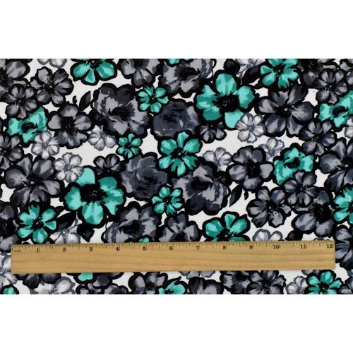 3 YD PC-Ivory/Teal Floral Printed Rayon Twill Woven Fabric