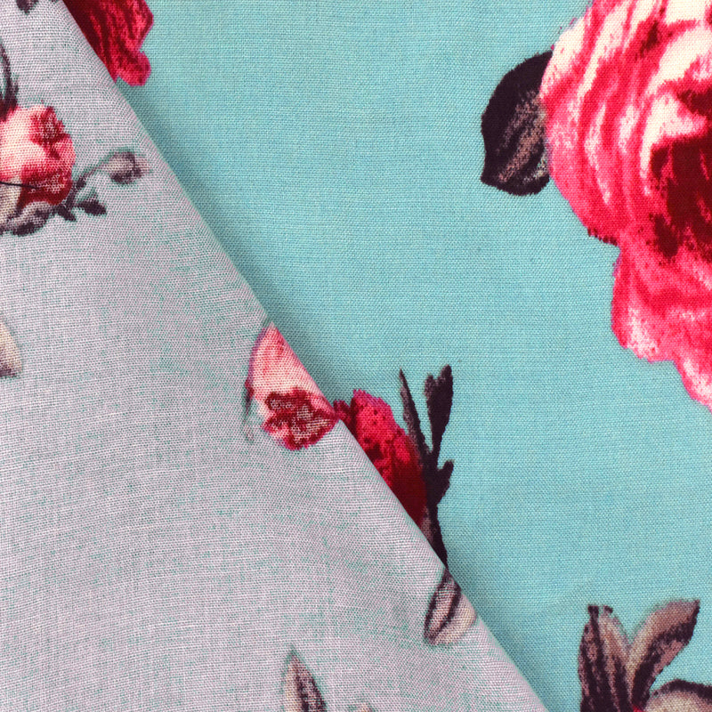 1 3/4 YD PC-Sky Teal-Multi Floral Printed Challis Fabric