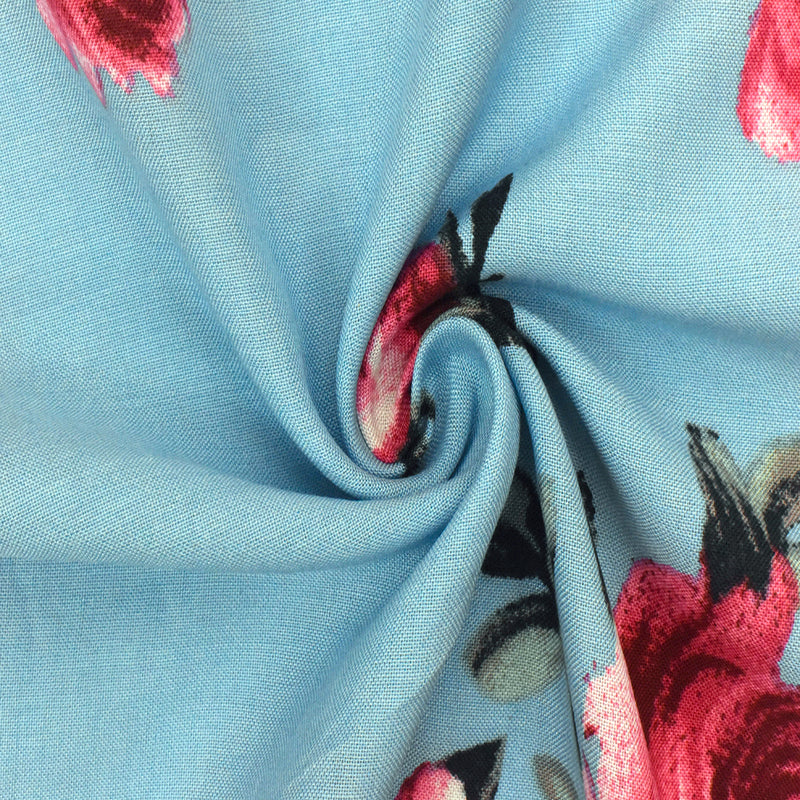 3 YD PC-Sky Teal-Multi Floral Printed Challis Fabric