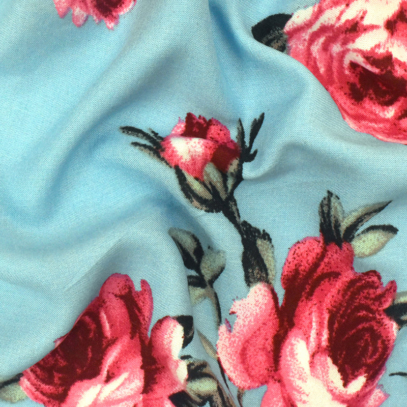 3 YD PC-Sky Teal-Multi Floral Printed Challis Fabric