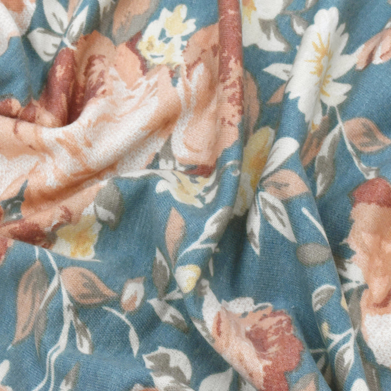 Dusty Teal-Multi Floral Printed Stretch Baby French Terry Knit Fabric