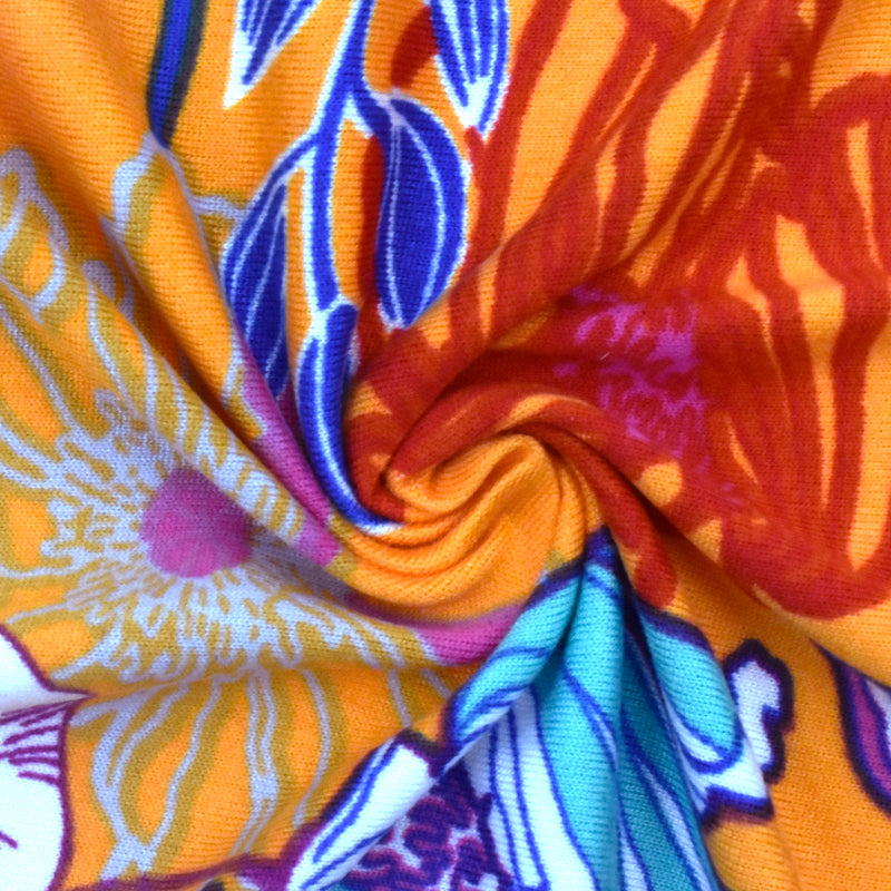 Sun Orange-Multi Floral Printed Stretch Double Brushed Jersey Knit Fabric