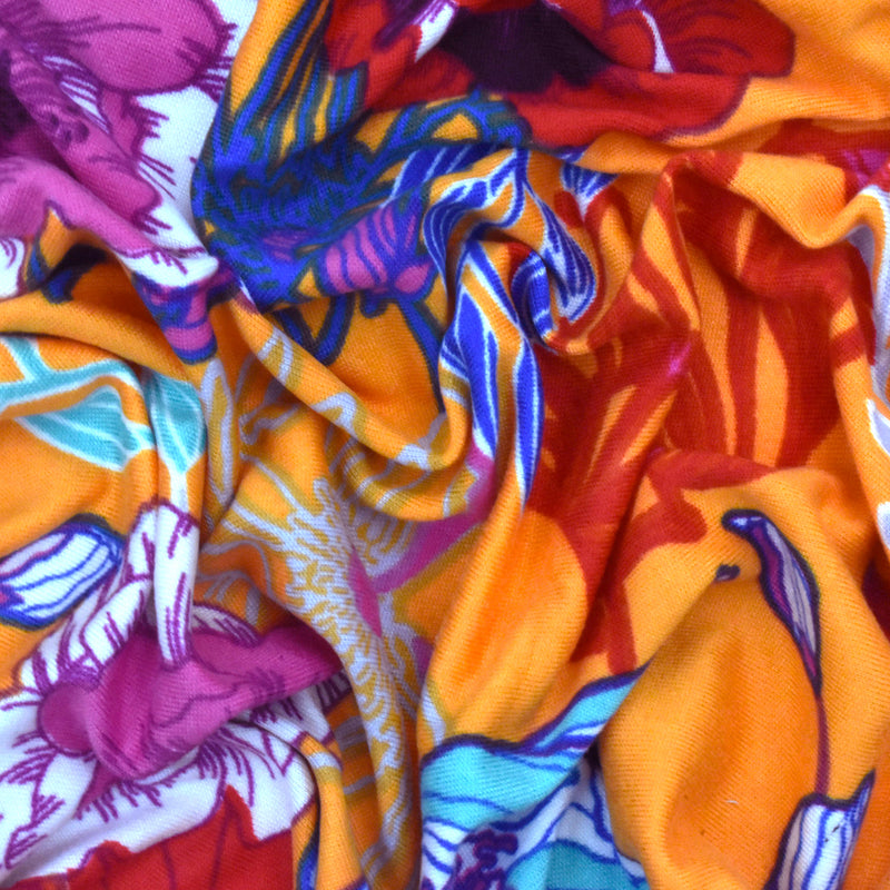 Sun Orange-Multi Floral Printed Stretch Double Brushed Jersey Knit Fabric