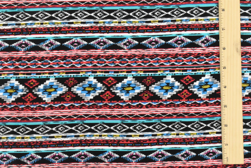 Red-Teal-Multi Aztec Stripe Printed Rayon Challis Woven Fabric