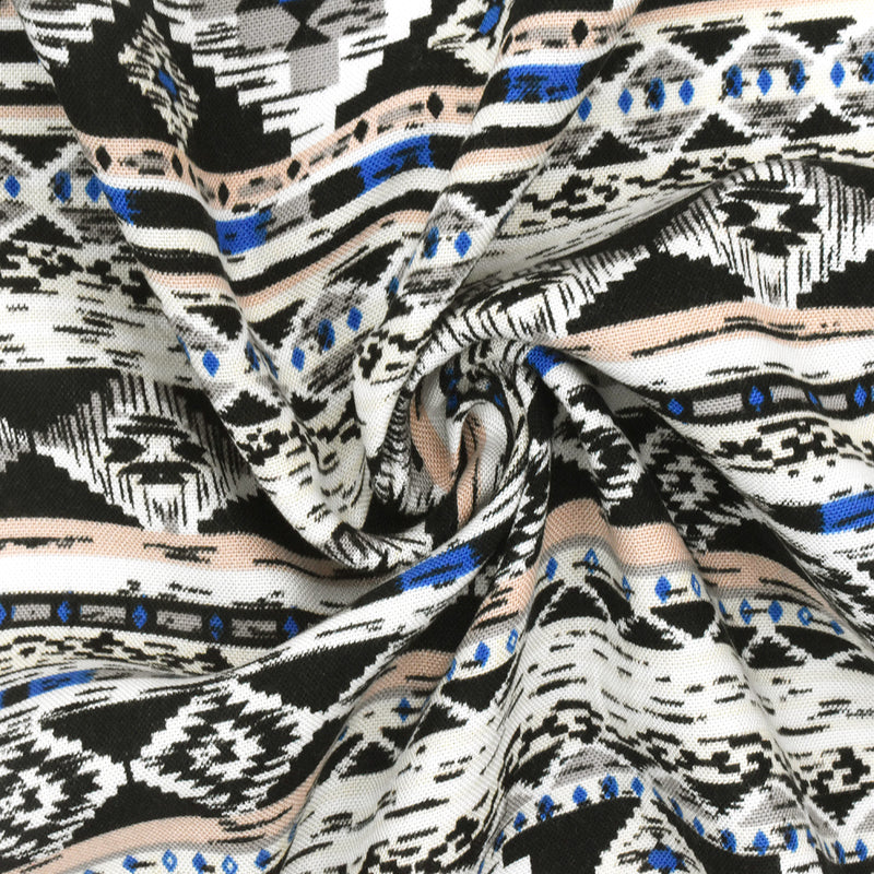 White-Beige-Multi Aztec Stripe Printed Rayon Challis Woven Fabric