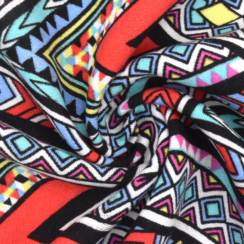 4 3/8 YD PC-Red-Teal-Multi Abstract Chevron Aztec Printed Challis Fabric