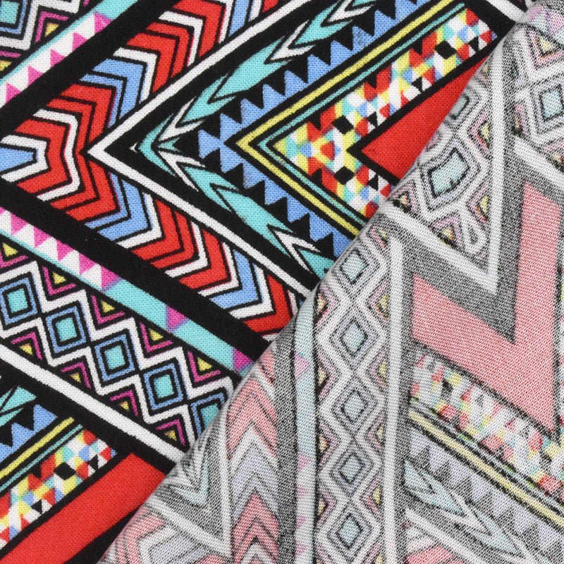 4 3/8 YD PC-Red-Teal-Multi Abstract Chevron Aztec Printed Challis Fabric