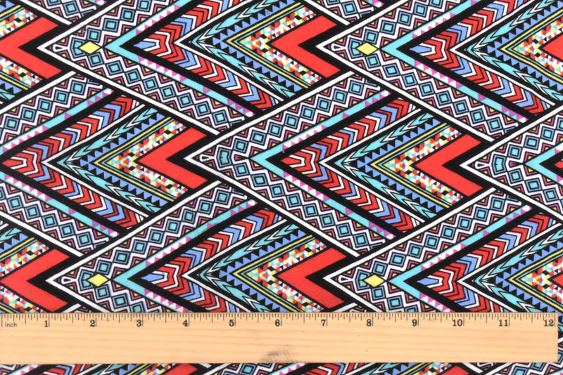 4 3/8 YD PC-Red-Teal-Multi Abstract Chevron Aztec Printed Challis Fabric