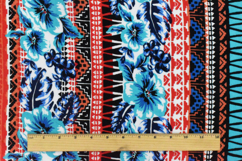 Aqua-Red-Multi Floral Tribal Stripe Printed Challis Fabric