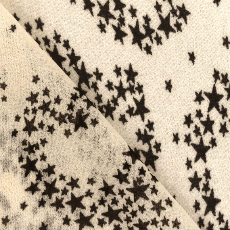 Cream Beige-Black Star Galaxy Printed Chiffon Woven Fabric
