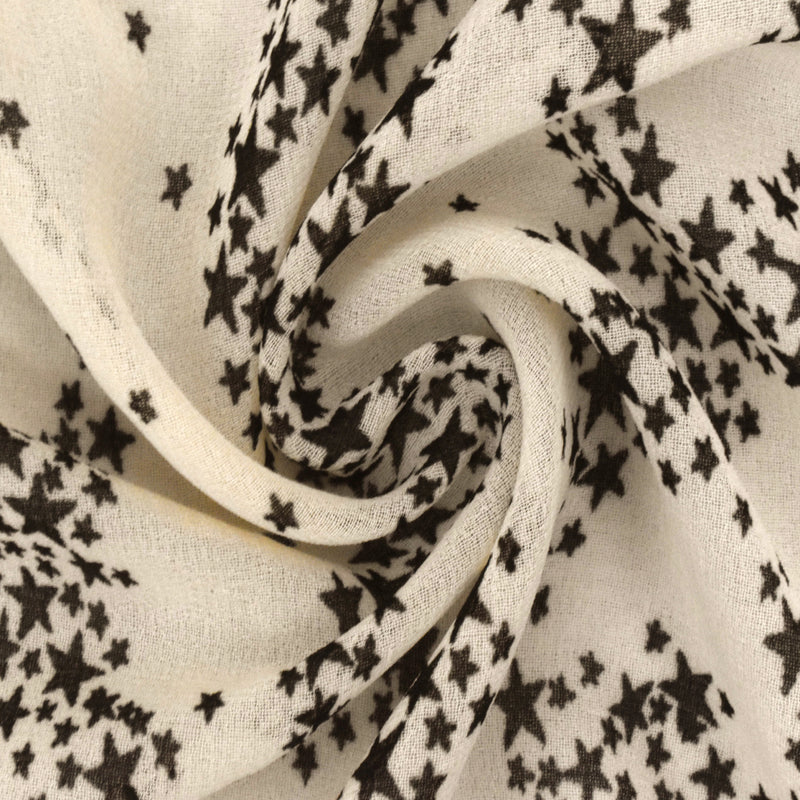 Cream Beige-Black Star Galaxy Printed Chiffon Woven Fabric