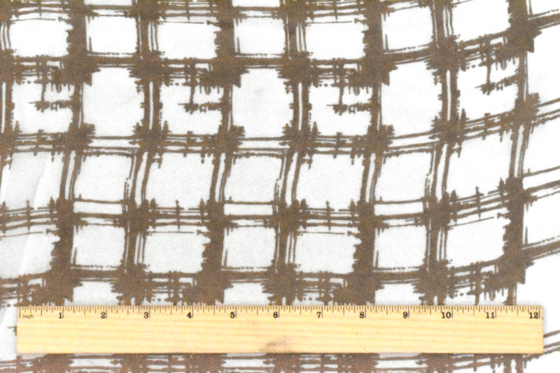 5 YD PC-Ivory-Wood Brown Abstract Check Printed Poly Chiffon Woven Fabric